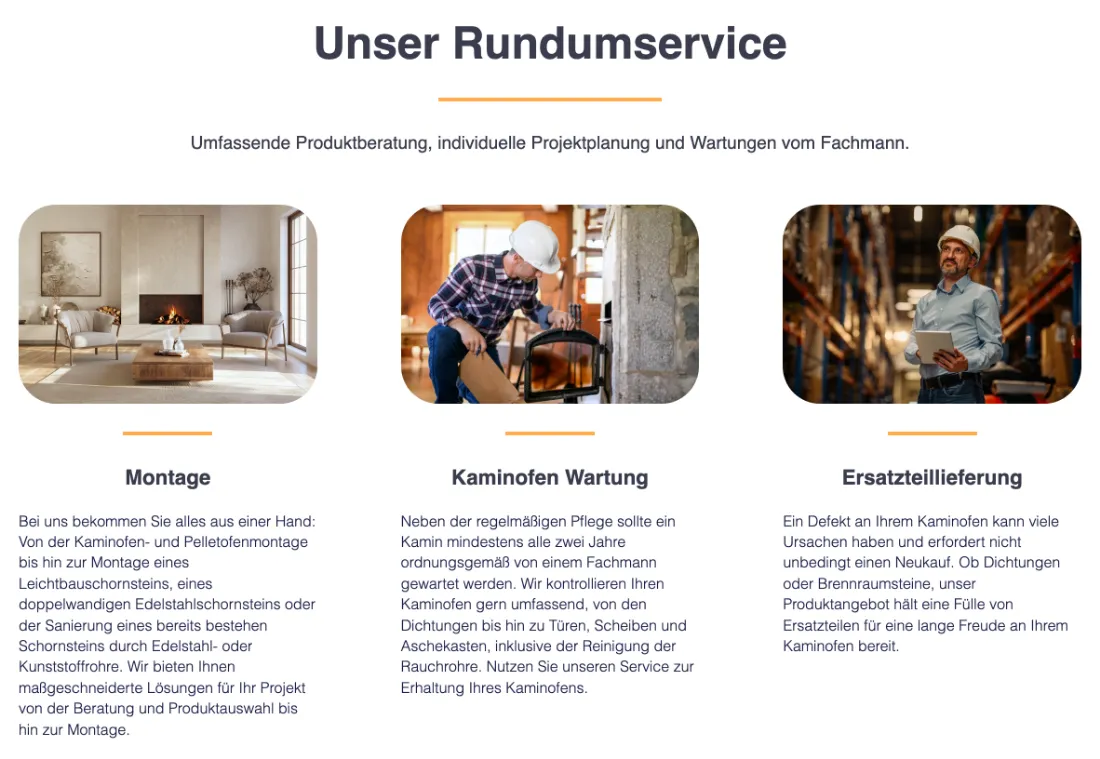 Ausschnitt der Website von Erftwärme, Rhein-Erft-Kreis: Drei klar getrennte Leistungen mit Details wie Wartung alle zwei Jahre — wer plant, versteht Umfang von Montage bis Ersatzteile.