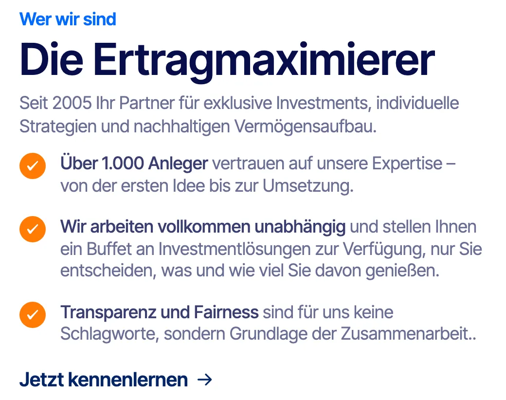 Ausschnitt der Website von alpha value GmbH & Co. KG, Bochum: Konkrete Eckdaten oben: seit 2005 und über 1.000 Anleger, plus drei Kernpunkte mit Häkchen — das schafft Vertrauen und Orientierung.
