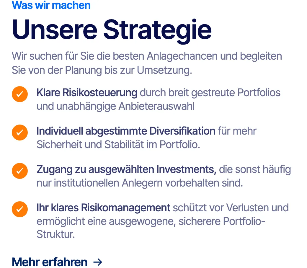 Ausschnitt der Website von alpha value GmbH & Co. KG, Bochum: Vier Bulletpoints strukturieren die Strategie — der Besucher erkennt Risikosteuerung, Diversifikation und Zugang auf einen Blick.