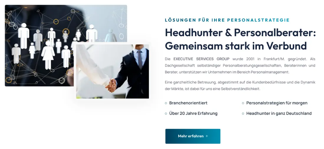 Ausschnitt der Website von EXECUTIVE SERVICES GROUP Gesellschaft für Unternehmensberatung mbH, Karlsruhe: 2001 als Startjahr und vier Stichpunkte inkl. 'Über 20 Jahre Erfahrung' — wer sucht, erkennt Kompetenz und Einstieg ohne Rätsel.
