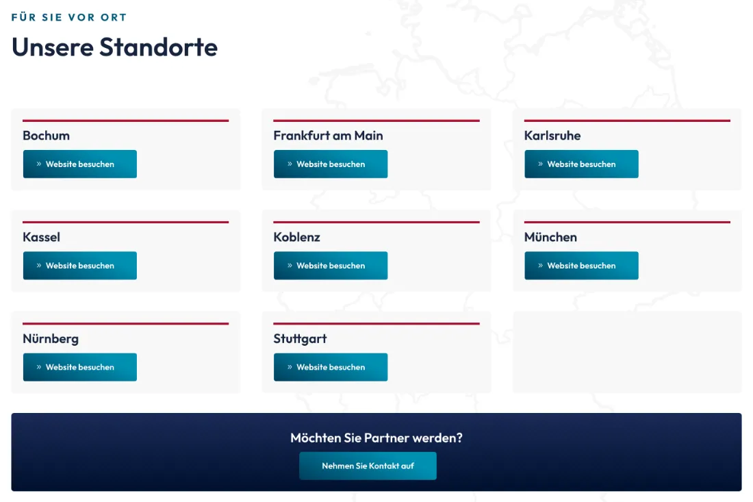 Ausschnitt der Website von EXECUTIVE SERVICES GROUP Gesellschaft für Unternehmensberatung mbH, Karlsruhe: Acht Standort-Kacheln mit 'Website besuchen' — wer regional sucht, landet ohne Umwege bei der passenden Partnerseite.