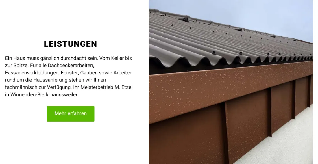 Ausschnitt der Website von M. Etzel Dachdeckerei GmbH, Rems-Murr-Kreis: Fünf Leistungsbereiche klar genannt und mit Ort ergänzt — wer vergleicht, sieht sofort, ob Angebot und Einsatzgebiet passen.
