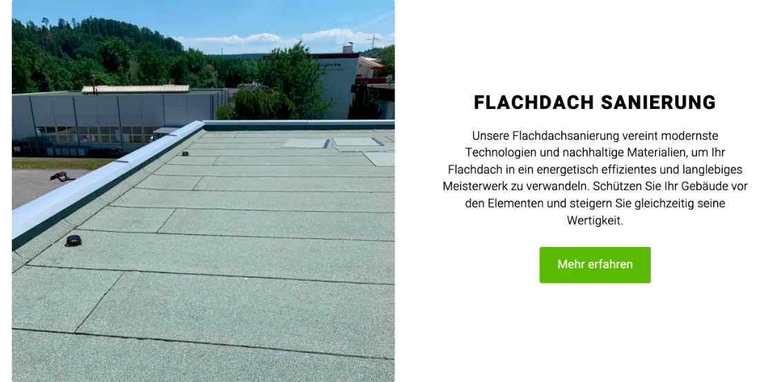 Ausschnitt der Website von M. Etzel Dachdeckerei GmbH, Rems-Murr-Kreis: Spezialisierung hat eine eigene Sektion mit Beispielfoto — der Besucher ordnet die Leistung schnell zu und findet den nächsten Schritt.