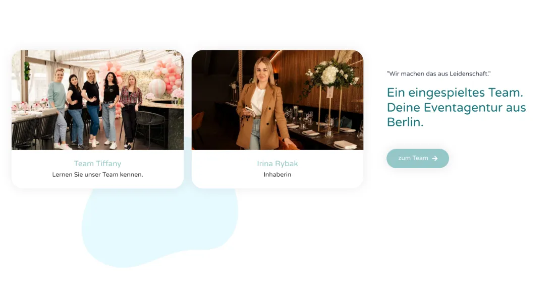 Ausschnitt der Website von Event by Tiffany GmbH, Berlin: Teamfotos mit Rollen plus Standort Berlin — wer regionale Partner sucht, sieht Gesichter und folgt dem 'zum Team'-Link.