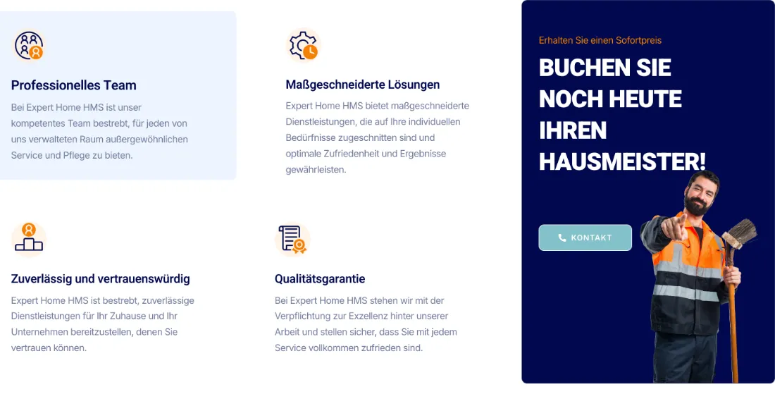 Ausschnitt der Website von Experthome HMS, Hamburg: Vier konkrete Leistungsversprechen links, daneben Sofortpreis und Kontaktbutton — wer sucht, findet den nächsten Schritt sofort.