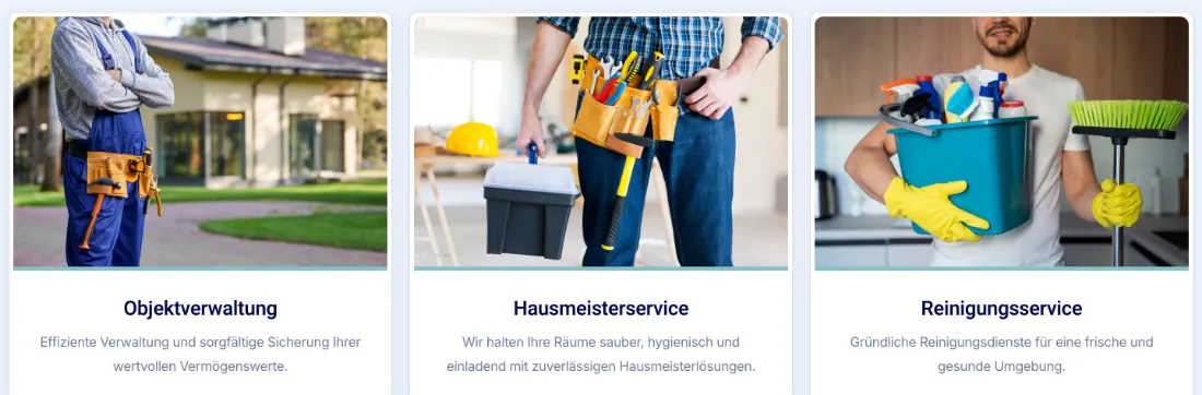 Ausschnitt der Website von Experthome HMS, Hamburg: Drei Leistungen mit Foto und je einem Satz — wer sucht, versteht das Angebotsspektrum sofort und kann gezielt weiterklicken.