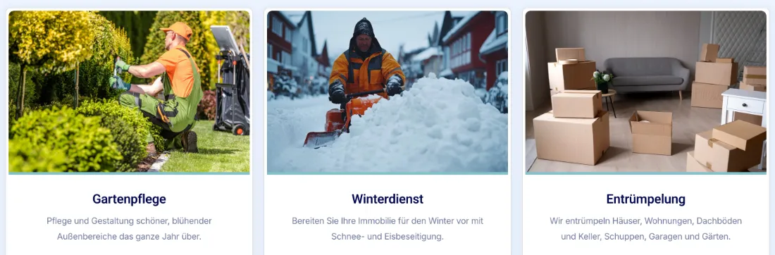 Ausschnitt der Website von Experthome HMS, Hamburg: Weitere drei Servicekacheln inklusive Winterdienst — der Besucher erkennt, dass auch saisonale und einmalige Aufgaben abgedeckt sind.
