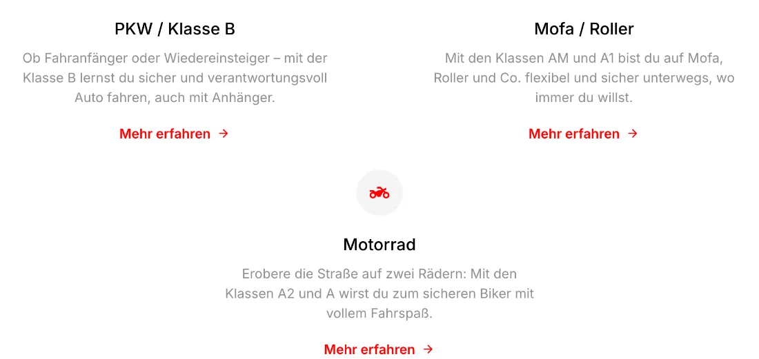 Ausschnitt der Website von Fahrschule Rast, Wuppertal: Drei Führerscheinkategorien mit je kurzem Text und Link 'Mehr erfahren' — der Besucher findet den passenden Einstieg ohne Klicksuche.