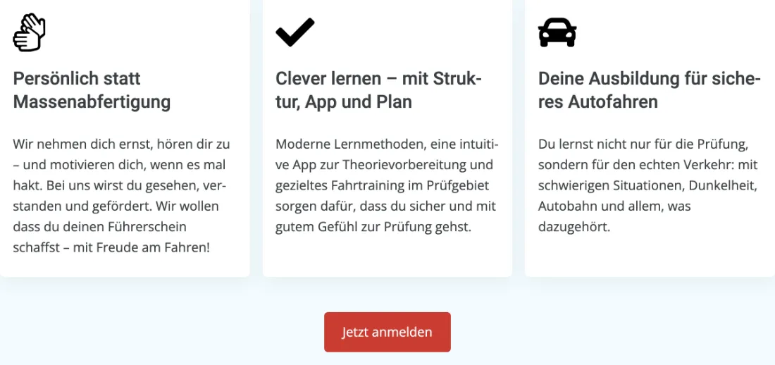 Ausschnitt der Website von Fahrschule Sven Schaefers, Rhein-Sieg-Kreis: Drei Kacheln mit Überschrift und Kurztext — komprimiert erklärt, was geboten wird; der rote Button führt sofort zur Anmeldung.