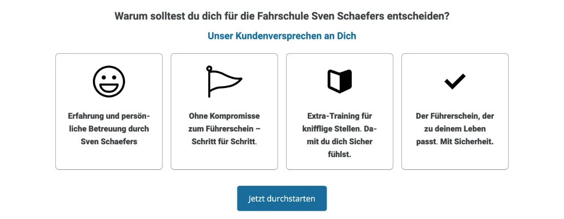 Ausschnitt der Website von Fahrschule Sven Schaefers, Rhein-Sieg-Kreis: Vier klar getrennte Versprechen mit Icons — der Besucher erfasst Nutzen und Auswahl in Sekunden; der Button lädt zum Start ein.