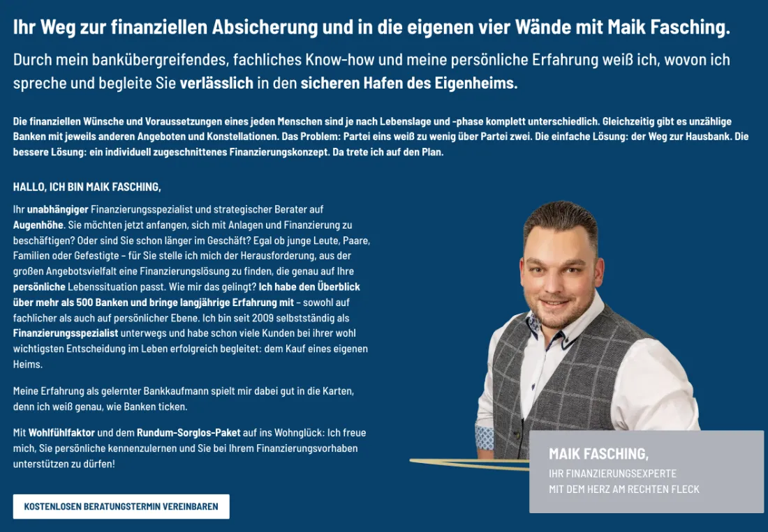 Ausschnitt der Website von Fasching Finanzberatung Bonn – Website-Bewertung 2026, Bonn: Eckdaten wie seit 2009 und über 500 Banken plus klarer Termin-Button — wer prüft, gewinnt Vertrauen und findet sofort den nächsten Schritt.