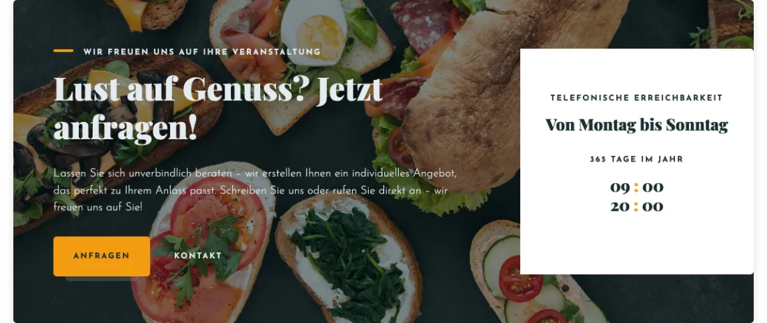 Ausschnitt der Website von Felix-Catering / Cakmak Gül GbR, Region Hannover: Telefonzeiten klar und groß: 09:00–20:00, 365 Tage — der Besucher weiß sofort, wann ein Anruf sich lohnt.