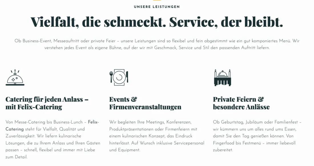 Ausschnitt der Website von Felix-Catering / Cakmak Gül GbR, Region Hannover: Drei Leistungsblöcke mit Icons und Kurztext — wer vergleicht, scannt schnell und findet den passenden Service.