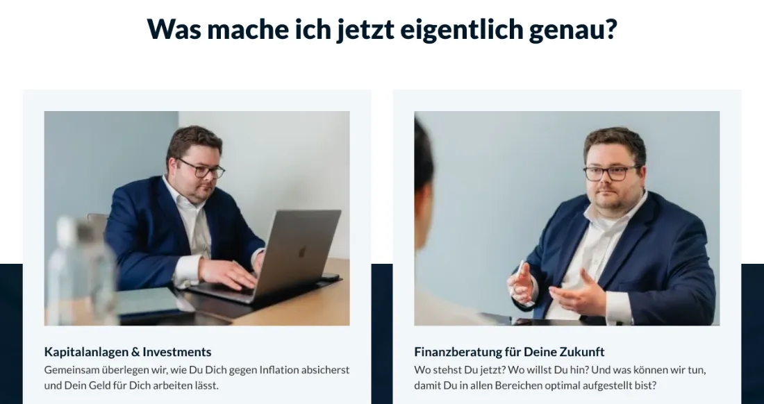 Ausschnitt der Website von VIERLESS GmbH, Aachen: Zwei klar betitelte Kacheln mit Kurztexten ordnen das Angebot — wer sucht, erkennt ohne Scrollen, welche Beratung passt.