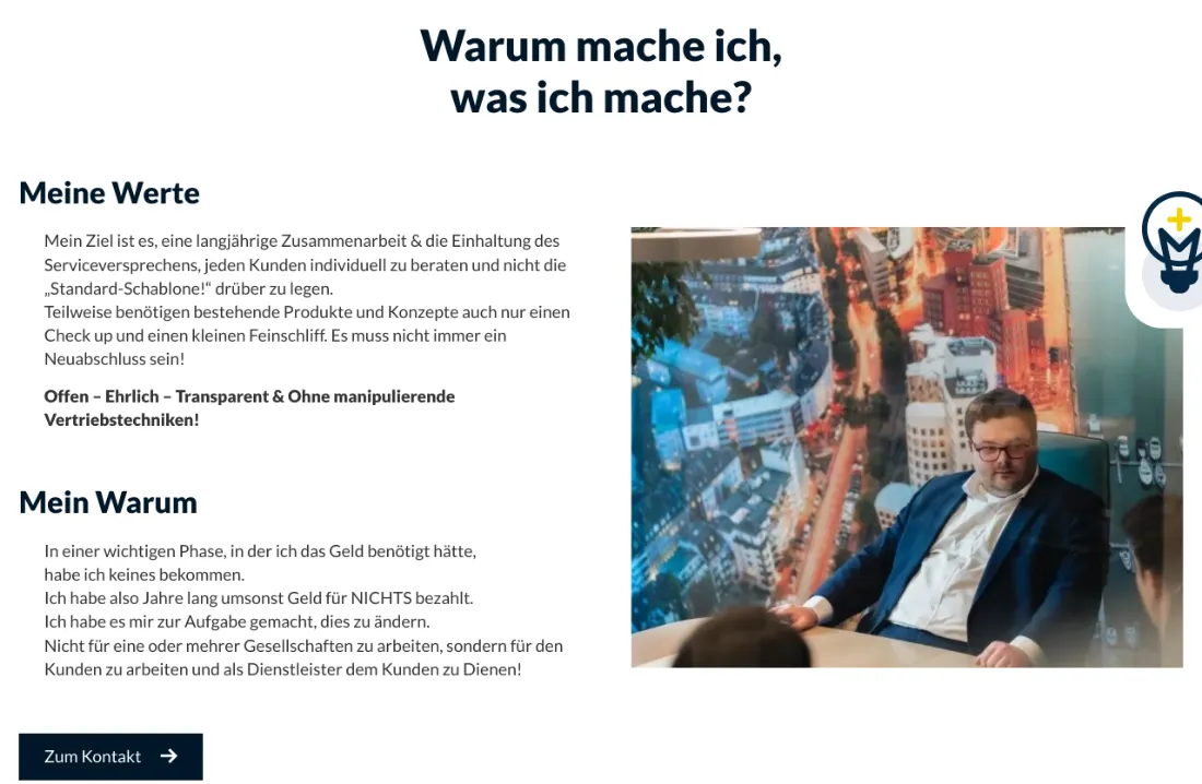 Ausschnitt der Website von VIERLESS GmbH, Aachen: Überschriften „Meine Werte“ und „Mein Warum“ erklären die Haltung konkret — der Besucher fasst schneller Vertrauen.