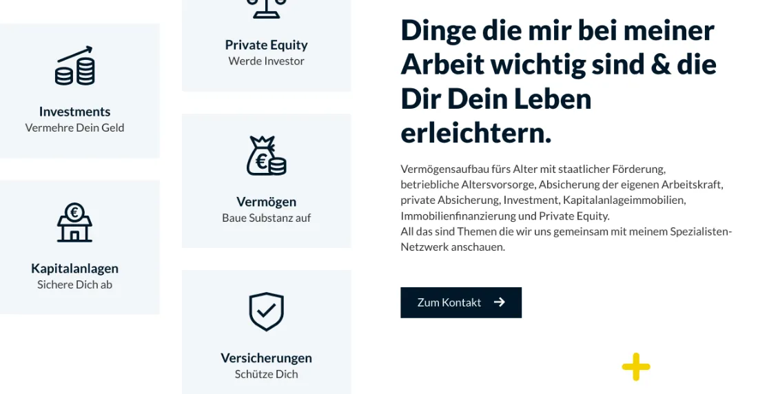 Ausschnitt der Website von VIERLESS GmbH, Aachen: Fünf Kacheln mit Icons bündeln die Themen auf einen Blick — der Besucher muss nichts erraten und findet den passenden Einstieg.