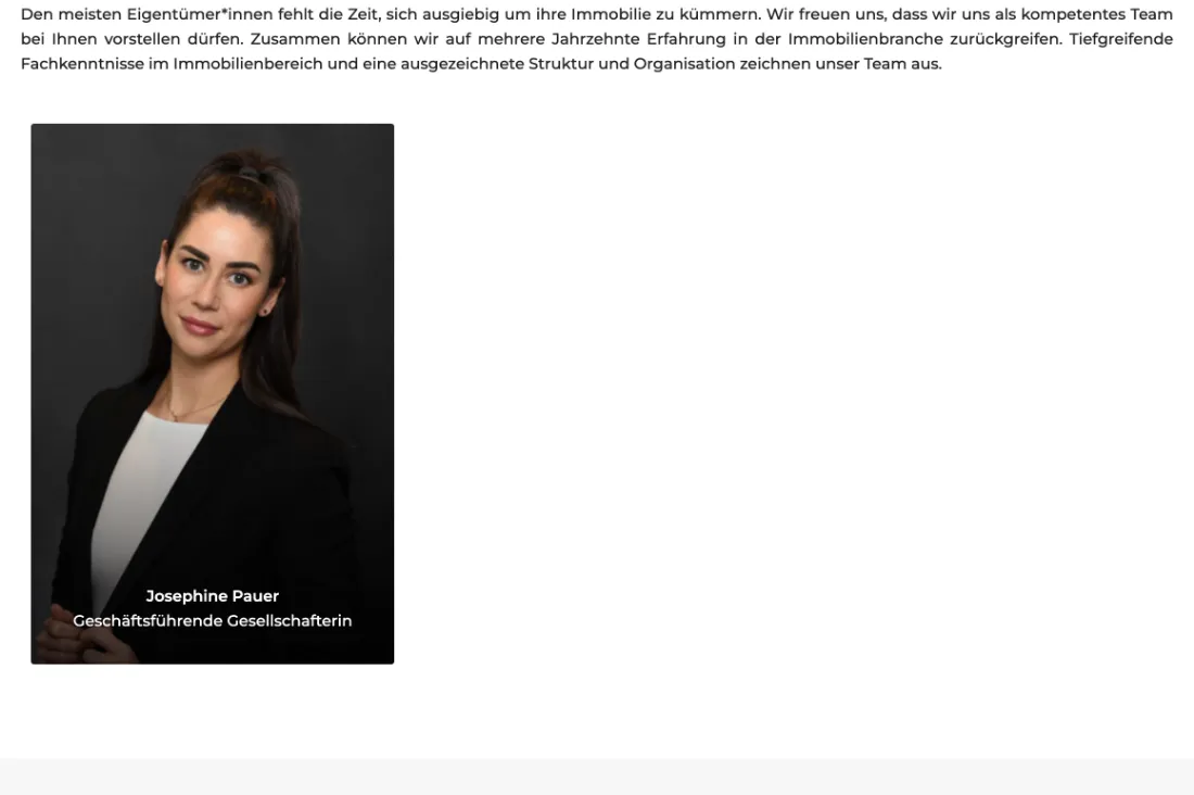 Ausschnitt der Website von Findus Hausverwaltung GmbH, Berlin: Name und Funktion direkt am Porträt — wer Verantwortung sucht, erkennt die Ansprechperson und spart Umwege bei der Kontaktaufnahme.