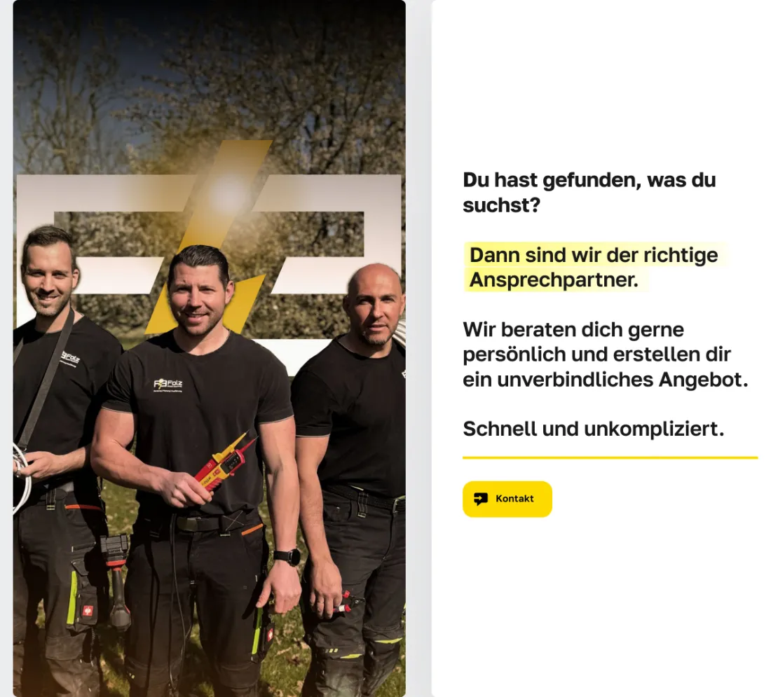 Ausschnitt der Website von Folz Elektrotechnik, Wetteraukreis: Ein klarer Satz ist gelb markiert und der Kontakt-Button steht daneben — wer sucht, erkennt den nächsten Schritt sofort.