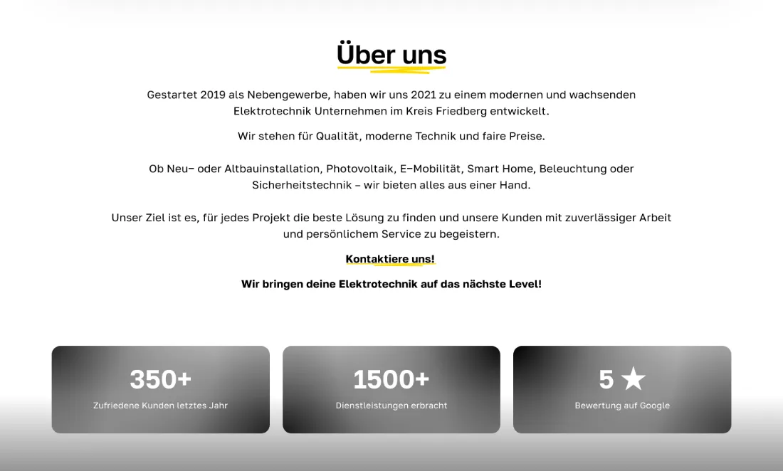 Ausschnitt der Website von Folz Elektrotechnik, Wetteraukreis: Drei Kennzahlen – 350+ Kunden, 1500+ Leistungen, 5★ – geben schnelle Orientierung, statt nur allgemeine Versprechen.