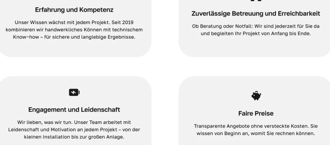 Ausschnitt der Website von Folz Elektrotechnik, Wetteraukreis: Vier Kacheln mit klaren Überschriften ordnen die Vorteile — der Besucher scannt schnell, was Erfahrung, Service und Preis bieten.