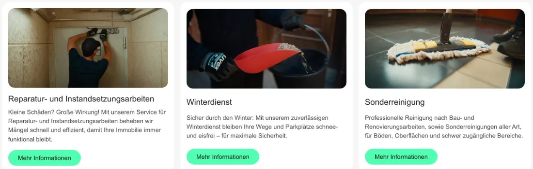 Ausschnitt der Website von Fortes Facility Management GmbH, Berlin: Drei Kacheln mit klaren Leistungen plus identische „Mehr Informationen“-Buttons — wer vergleicht, findet sofort den passenden Einstieg.