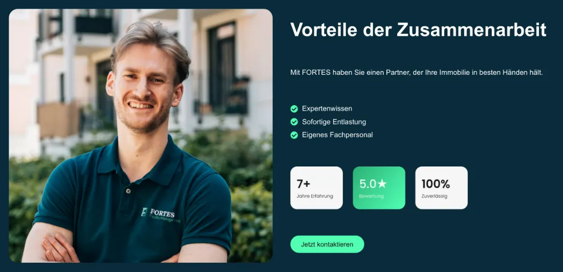 Ausschnitt der Website von Fortes Facility Management GmbH, Berlin: Drei Häkchen und drei Kennzahlen — 7+ Jahre, 5,0 Bewertung, 100% — helfen, Kompetenz auf einen Blick zu prüfen und Kontakt zu wählen.