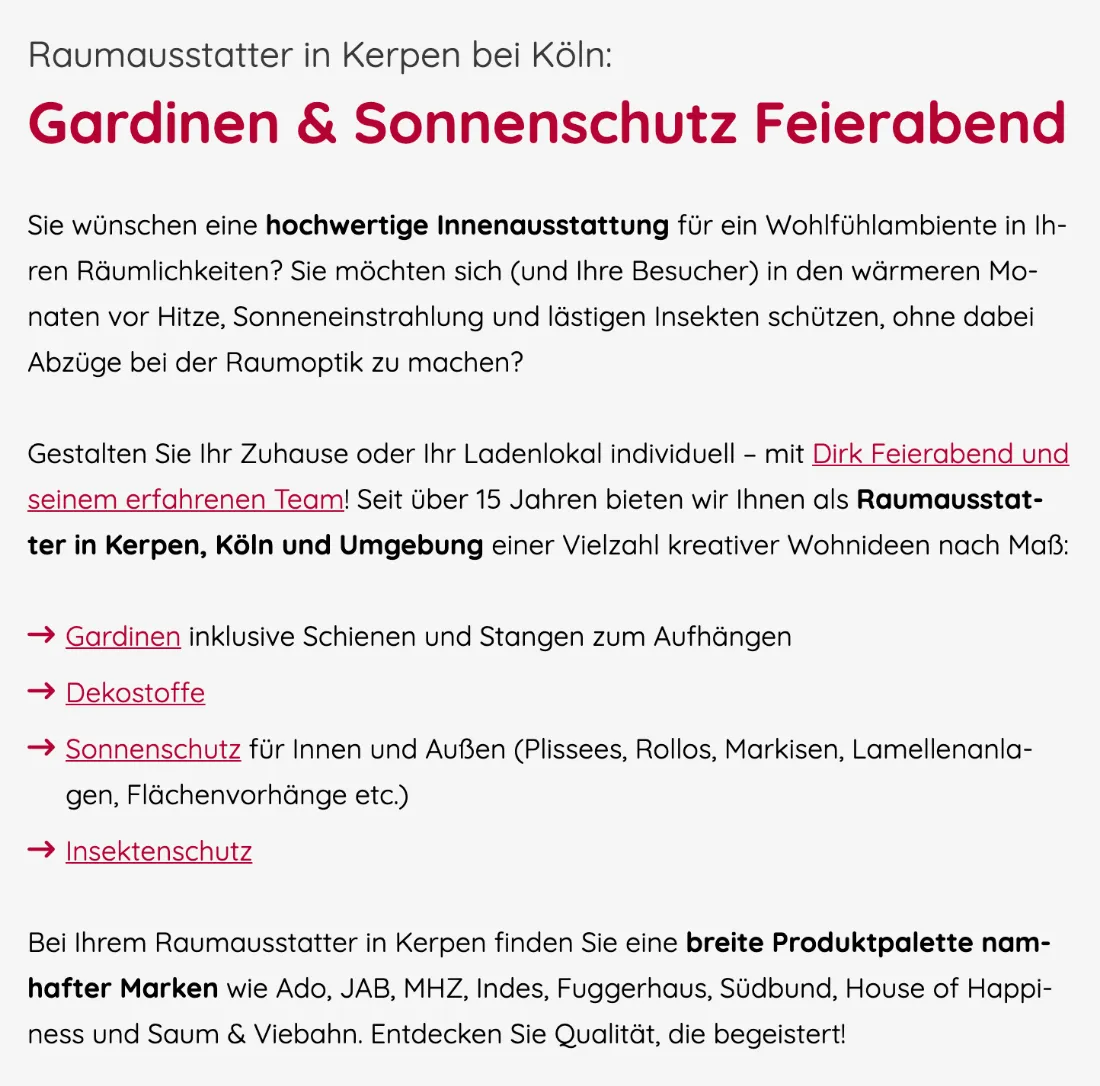Ausschnitt der Website von Dirk Feierabend, Rhein-Erft-Kreis: Vier klar verlinkte Bereiche und „über 15 Jahre“ im Text — wer sucht, erkennt sofort Angebot und nachweisbare Erfahrung.