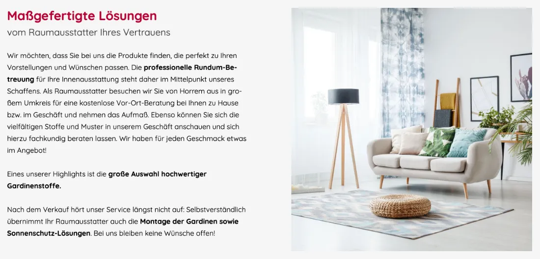 Ausschnitt der Website von Dirk Feierabend, Rhein-Erft-Kreis: Kostenlose Vor-Ort-Beratung und Montage werden klar genannt — der Besucher plant den Ablauf vom Ersttermin bis zur Umsetzung.