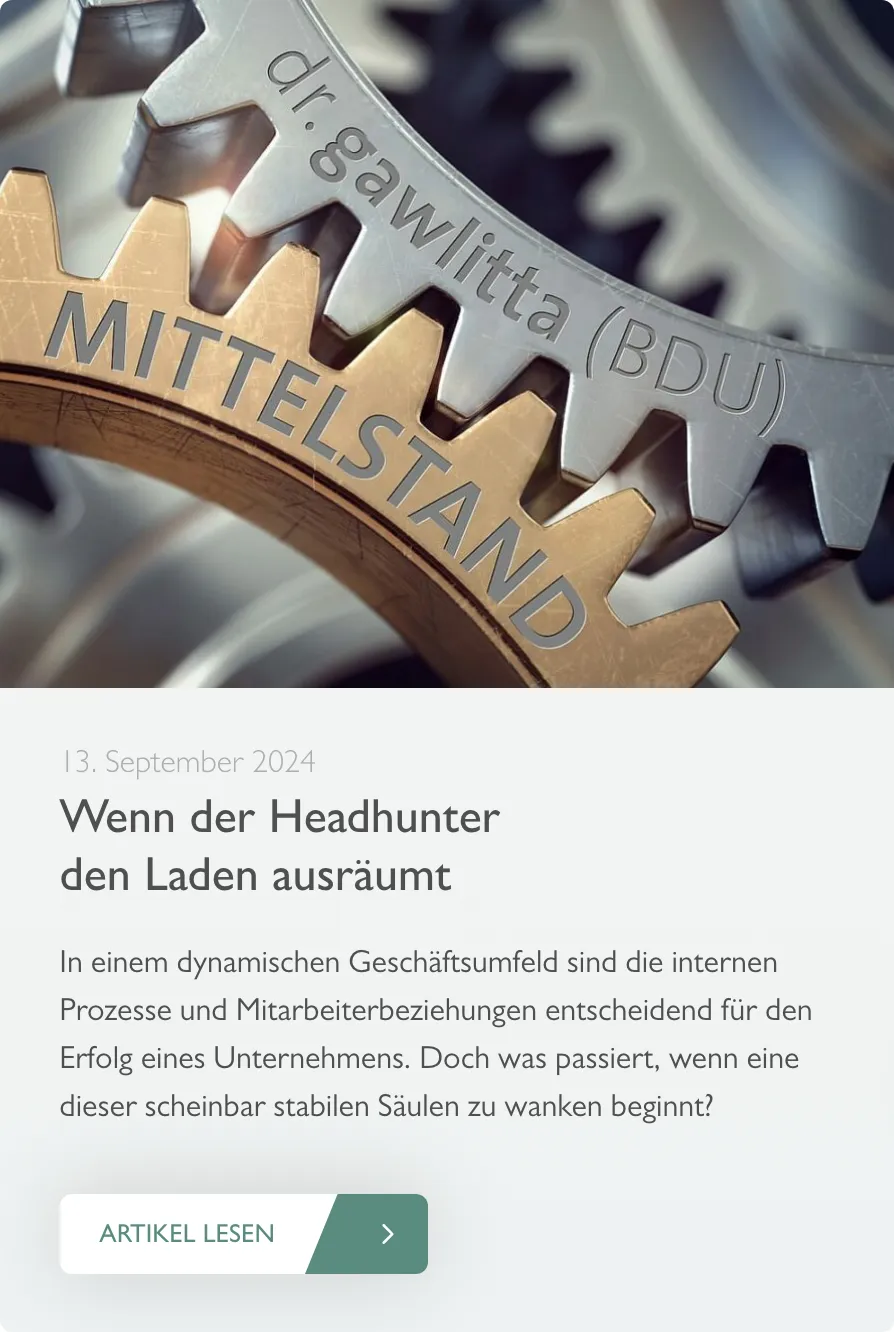 Ausschnitt der Website von dr. gawlitta (BDU) Gesellschaft für Personalberatung mbH, Bonn: Datum 13. September 2024, prägnanter Titel und Lesebutton — wer stöbert, erkennt Aktualität und findet den Einstieg mit einem Klick.