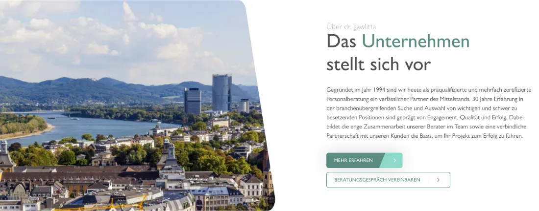 Ausschnitt der Website von dr. gawlitta (BDU) Gesellschaft für Personalberatung mbH, Bonn: Überschrift mit Fakten (Gründung 1994, 30 Jahre Erfahrung) und zwei Buttons — wer prüft, bekommt Kontext und wählt Info oder Termin.