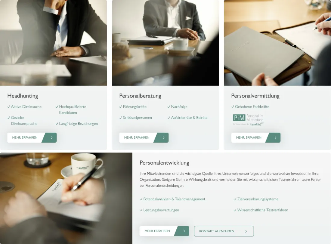 Ausschnitt der Website von dr. gawlitta (BDU) Gesellschaft für Personalberatung mbH, Bonn: Vier Leistungs-Kacheln mit je 3–4 Stichpunkten und 'Mehr erfahren' — wer Angebote vergleicht, sieht den Umfang sofort und vertieft gezielt.