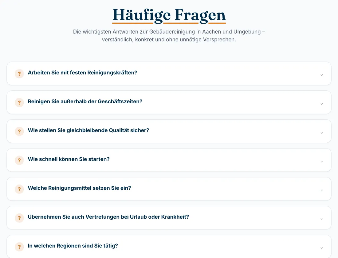 Ausschnitt der Website von Adler Gebäudeservice Aachen, Städteregion Aachen: Sieben klare Fragen im Akkordeon — wer vergleicht, bekommt schnelle Antworten und spart Rückfragen per Telefon.