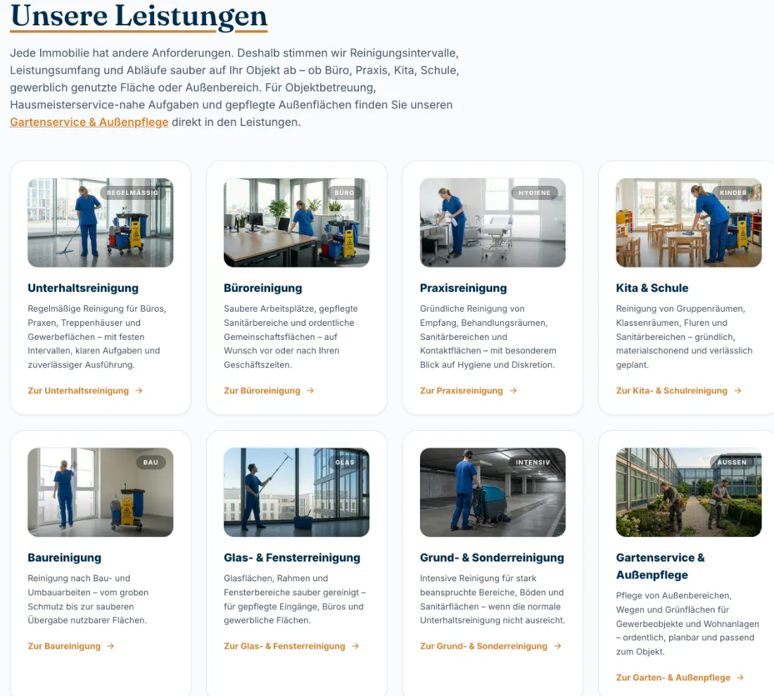 Ausschnitt der Website von Adler Gebäudeservice Aachen, Städteregion Aachen: Acht Leistungen als klickbare Kacheln — wer sucht, erkennt sofort den passenden Bereich und gelangt mit einem Klick weiter.