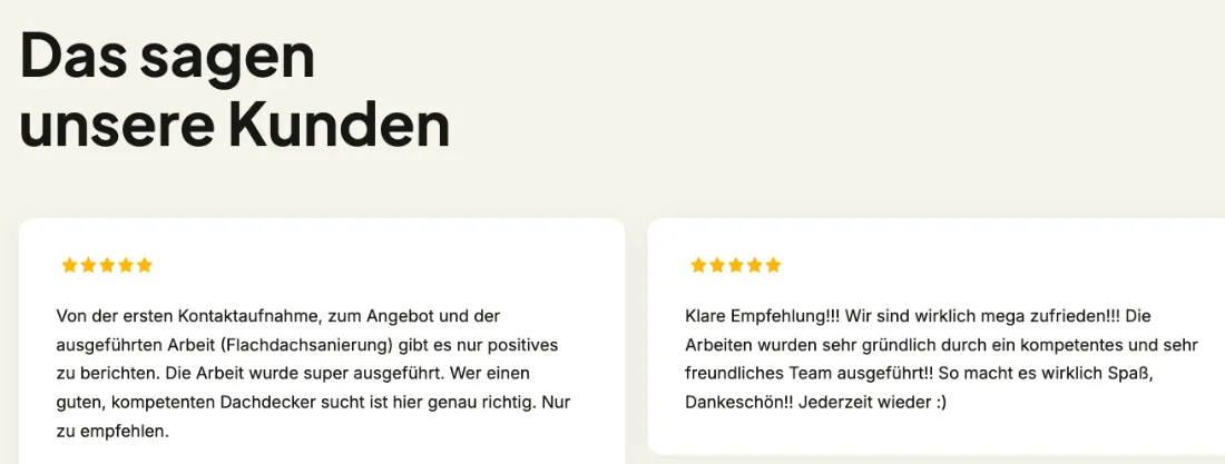 Ausschnitt der Website von Marx Holz- & Bautenschutz, Rhein-Erft-Kreis: 2 Kundenstimmen mit je 5 Sternen und konkreten Arbeitsdetails — wer vergleicht, erkennt echte Erfahrungen statt Floskeln.
