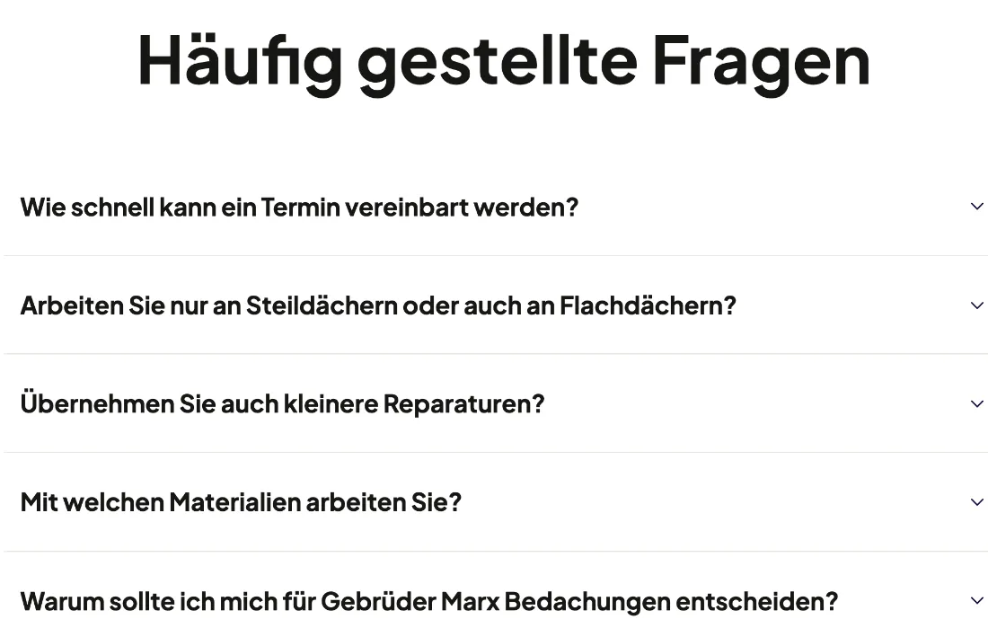 Ausschnitt der Website von Marx Holz- & Bautenschutz, Rhein-Erft-Kreis: 5 Fragen im Aufklappbereich zu Termin, Dacharten, Reparaturen, Materialien und Auswahl — vieles geklärt, bevor Kontakt nötig ist.