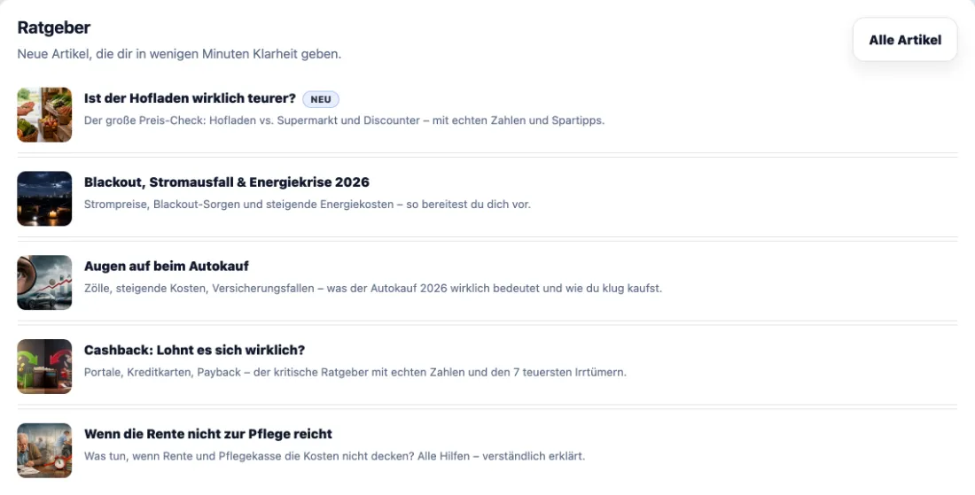 Ausschnitt der Website von GeldKlar.io, Heidekreis: 5 präzise Ratgeber mit Unterzeile und ‚Alle Artikel‘‑Button — der Besucher erkennt Relevanz und findet schnell den passenden Einstieg.