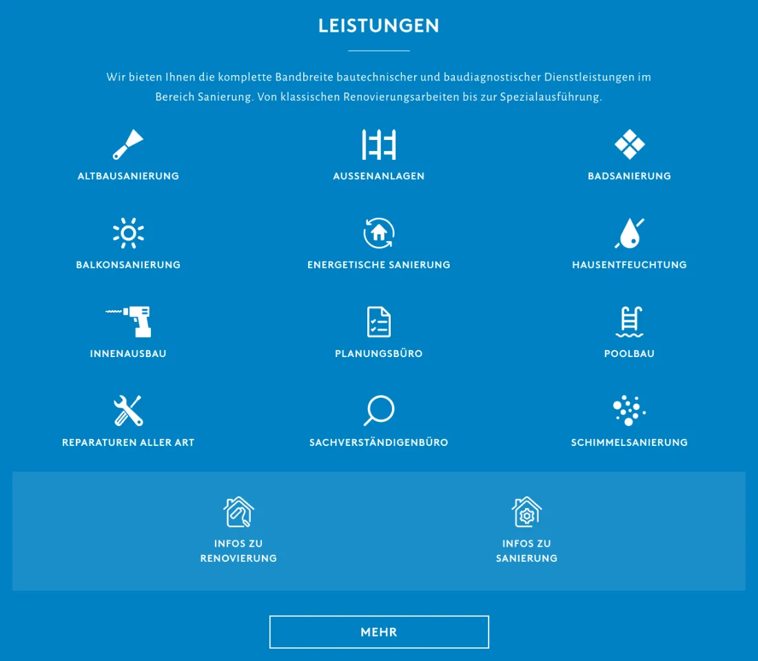 Ausschnitt der Website von Meister-Familienbetrieb Gensmantel KG, Stuttgart: Zwölf Leistungen mit klaren Piktogrammen — wer sucht, erkennt auf einen Blick, ob das Angebot passt und wo er klickt.