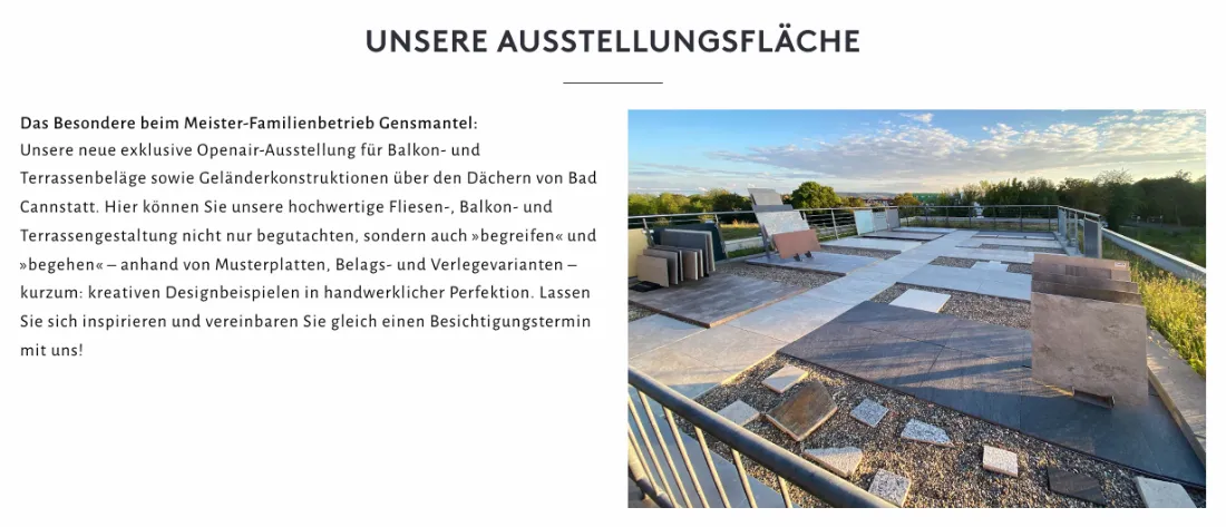 Ausschnitt der Website von Meister-Familienbetrieb Gensmantel KG, Stuttgart: Konkrete Erklärung zur begehbaren Open‑Air‑Ausstellung — wer plant, prüft Beläge und Verlegearten vor Ort statt nur im Katalog.