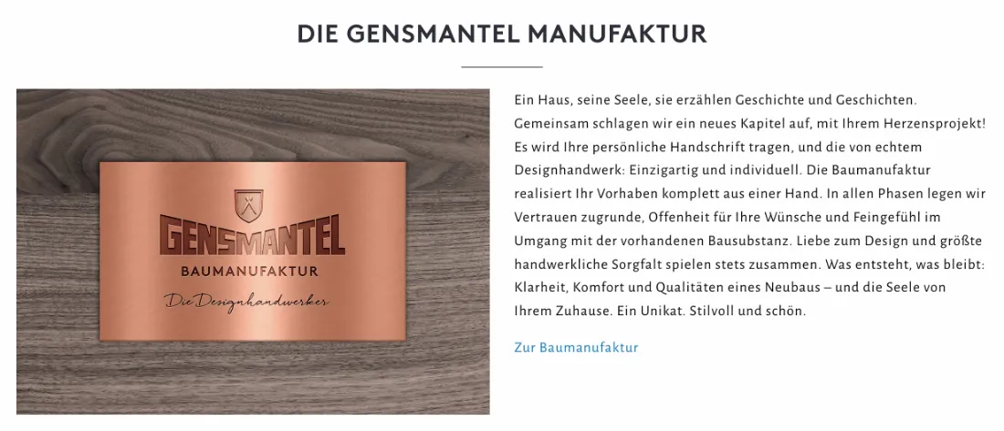 Ausschnitt der Website von Meister-Familienbetrieb Gensmantel KG, Stuttgart: Überschrift, kurzer Text und der Link 'Zur Baumanufaktur' bündeln den Bereich — der Besucher findet Details ohne Umwege.