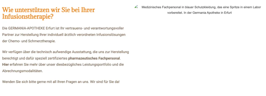 Ausschnitt der Website von GERMANIA-APOTHEKE, Erfurt: Konkrete Hinweise zu zertifiziertem Fachpersonal und Abrechnung — wer eine Infusion plant, bekommt Sicherheit und Planbarkeit.