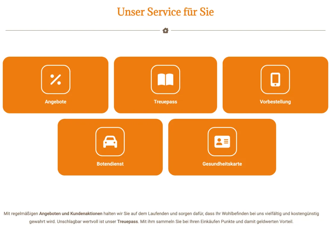 Ausschnitt der Website von GERMANIA-APOTHEKE, Erfurt: Fünf deutlich beschriftete Kacheln bündeln Services — der Besucher findet Angebote, Vorbestellung und Botendienst ohne Suchen.