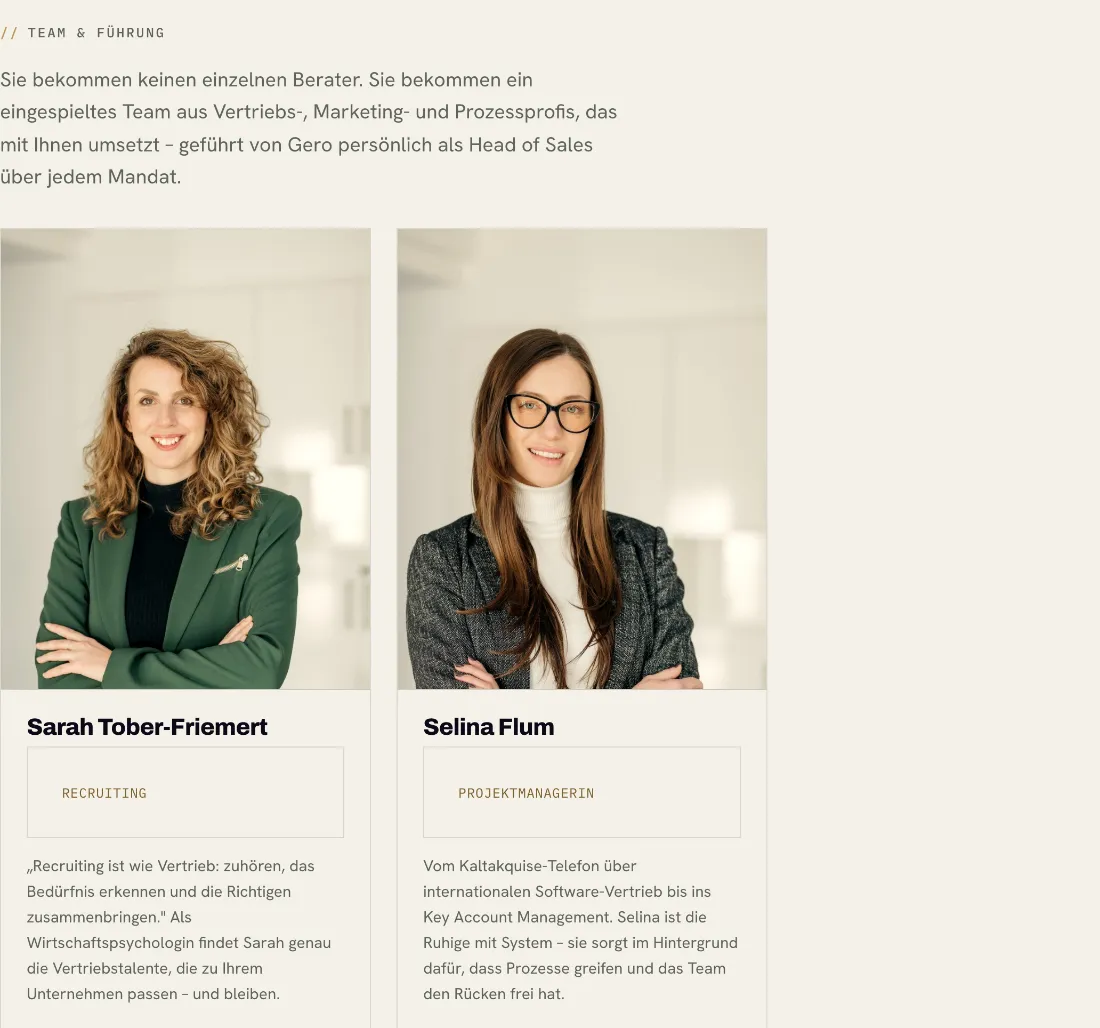 Ausschnitt der Website von GT Sales Consulting GmbH, Leverkusen: Kurze Rollenboxen unter den Porträts — wer sucht, erkennt Recruiting und Projektsteuerung auf einen Blick.