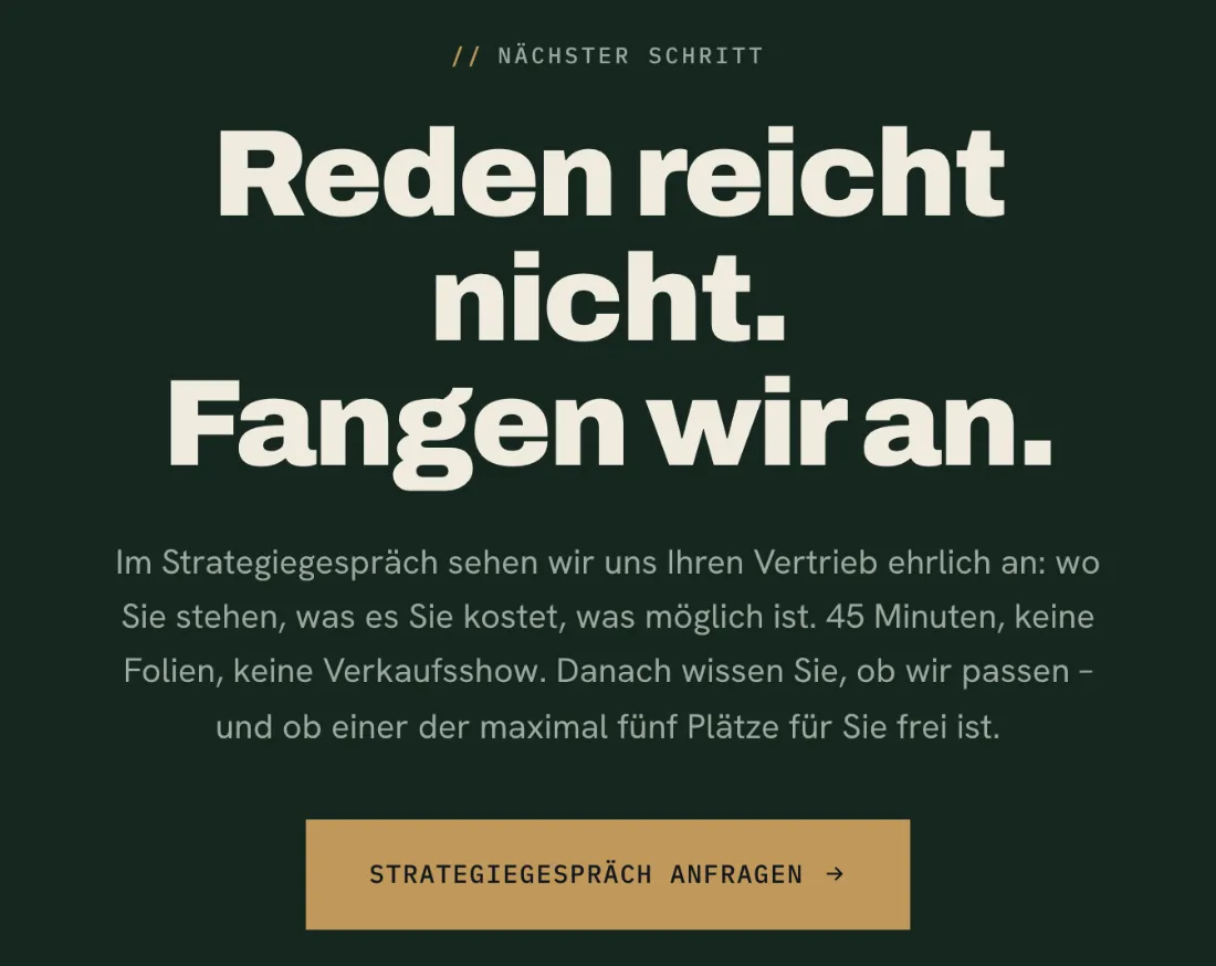 Ausschnitt der Website von GT Sales Consulting GmbH, Leverkusen: Dauer (45 Min.) und Limit (5 Plätze) stehen direkt beim Button — der Besucher kann Aufwand und Verbindlichkeit einschätzen.