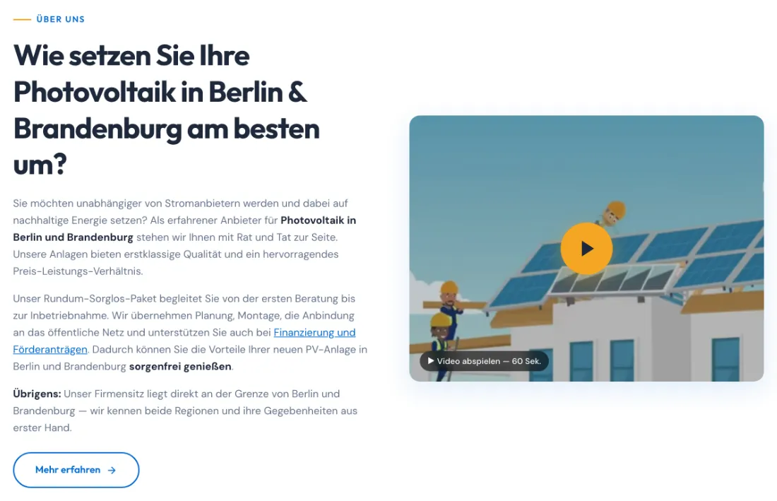 Ausschnitt der Website von GFK Solar Installation GmbH, Berlin: Spielbares 60‑Sekunden‑Video neben der Einleitung — wer prüft, versteht Angebot und Ablauf schnell, ohne Textwüste.