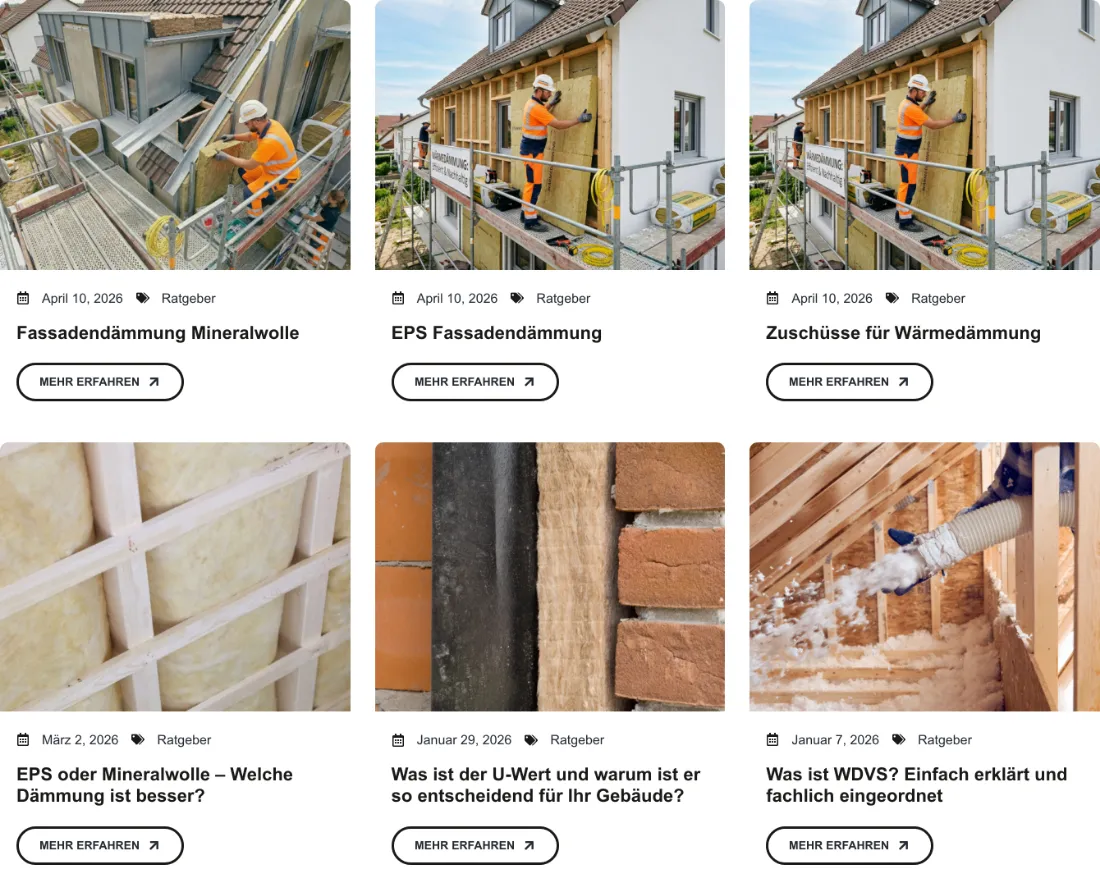 Ausschnitt der Website von Gipsermeister Hein, Stuttgart: 6 Ratgeber-Kacheln mit Datum und klaren Titeln — wer recherchiert, findet gezielte Antworten und erkennt Aktualität.