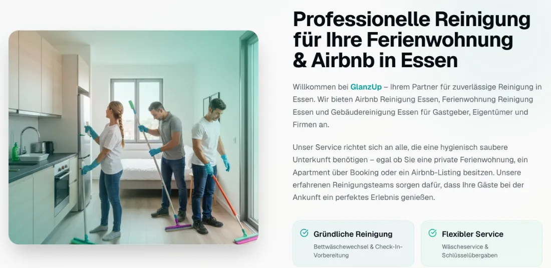 Ausschnitt der Website von GlanzUp, Essen: Stadt und Einsatzbereich stehen im Titel — wer sucht, erkennt sofort, dass Ferienwohnungen & Airbnb in Essen bedient werden.
