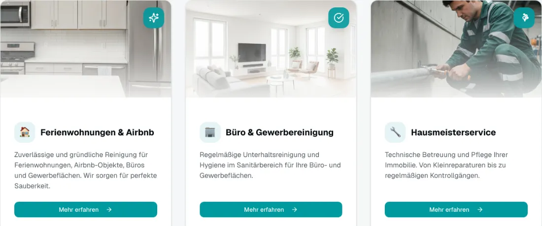 Ausschnitt der Website von GlanzUp, Essen: Drei getrennte Kacheln mit Kurztext und Icons — der Besucher erfasst das Angebot schnell und wählt per Klick den passenden Bereich.