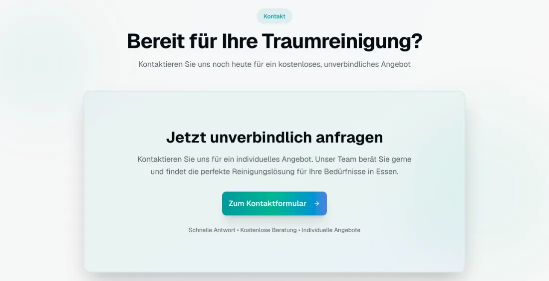 Ausschnitt der Website von GlanzUp, Essen: Eindeutiger Call-to-Action mit großem Button und drei Zusagen — der Besucher weiß, was passiert und hat weniger Hürden zur Anfrage.