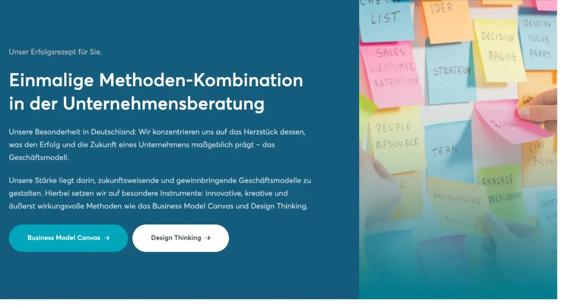 Ausschnitt der Website von Glassl & Brandel GbR, Landkreis Esslingen: Zwei Methoden als Buttons hervorgehoben — wer tiefer einsteigen will, landet ohne Suchen direkt bei den Erklärungen.