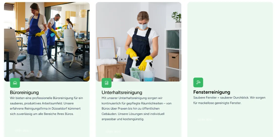 Ausschnitt der Website von Experts Gebäudereinigung, Düsseldorf: Drei Leistungen nebeneinander mit kurzen Erklärungen — wer sucht, erfasst Angebot und Zuständigkeiten ohne Scrollen.